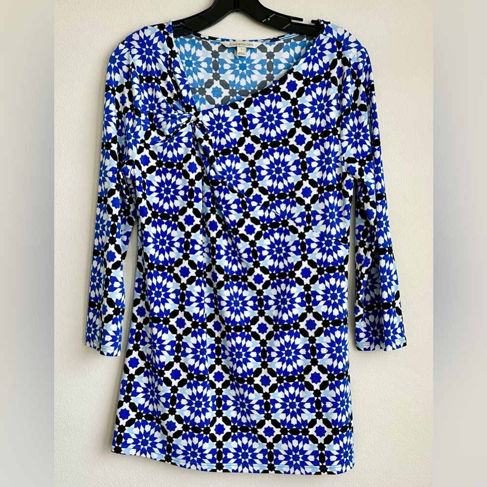 41Hawthorn Blue White Geometric 3/4 Sleeve Tunic Top. Size M